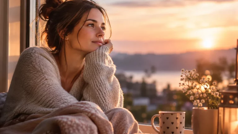Nachdenkliche Frau sitzt am Fenster und blickt bei Sonnenuntergang in die Ferne.